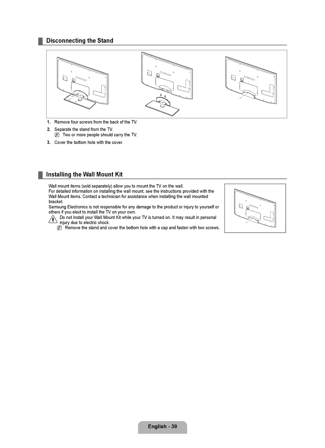 Samsung UA40B6000VRXXP manual Disconnecting the Stand, Installing the Wall Mount Kit 