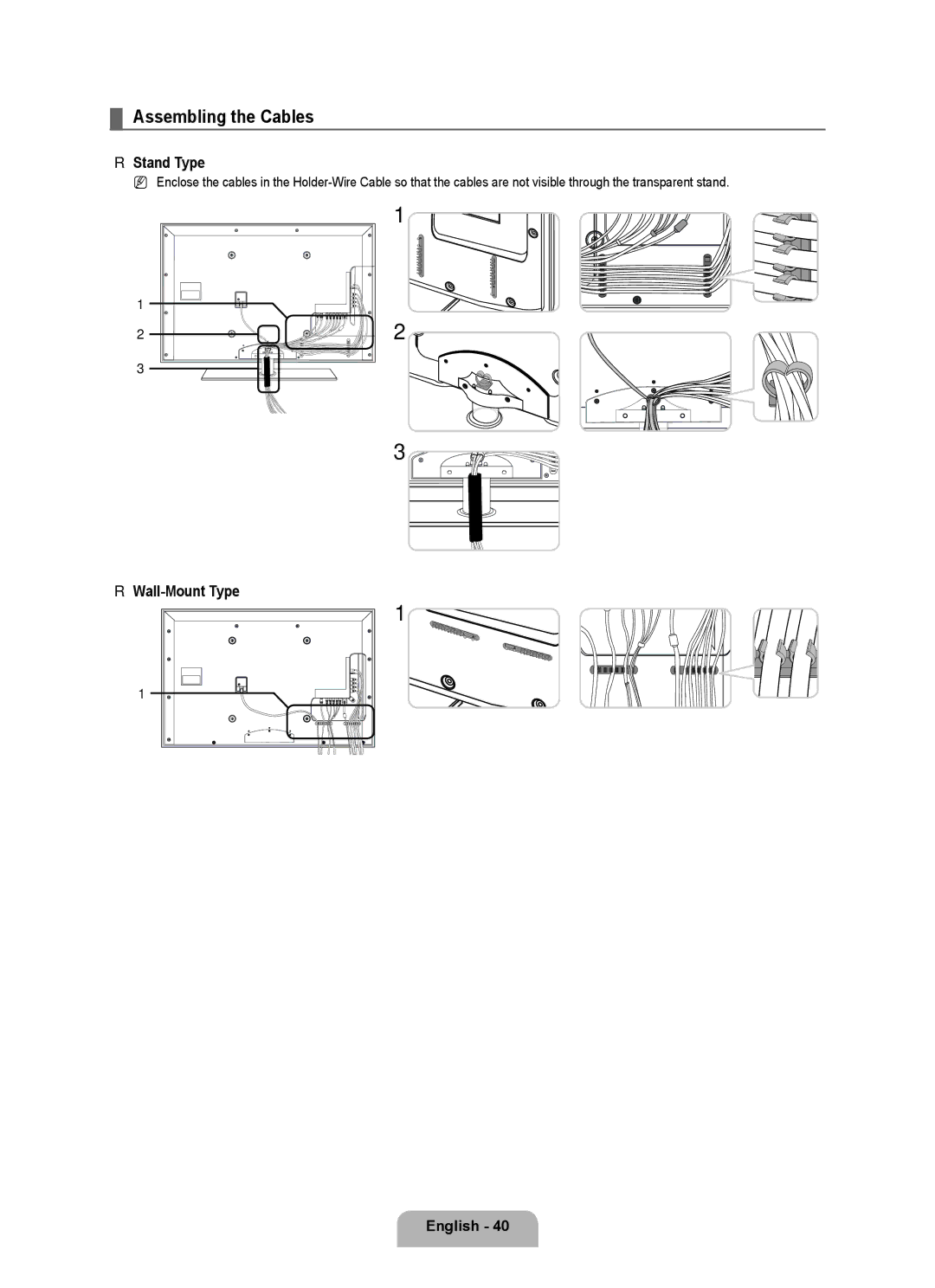 Samsung UA40B6000VRXXP manual Assembling the Cables, Stand Type, Wall-Mount Type English 0 