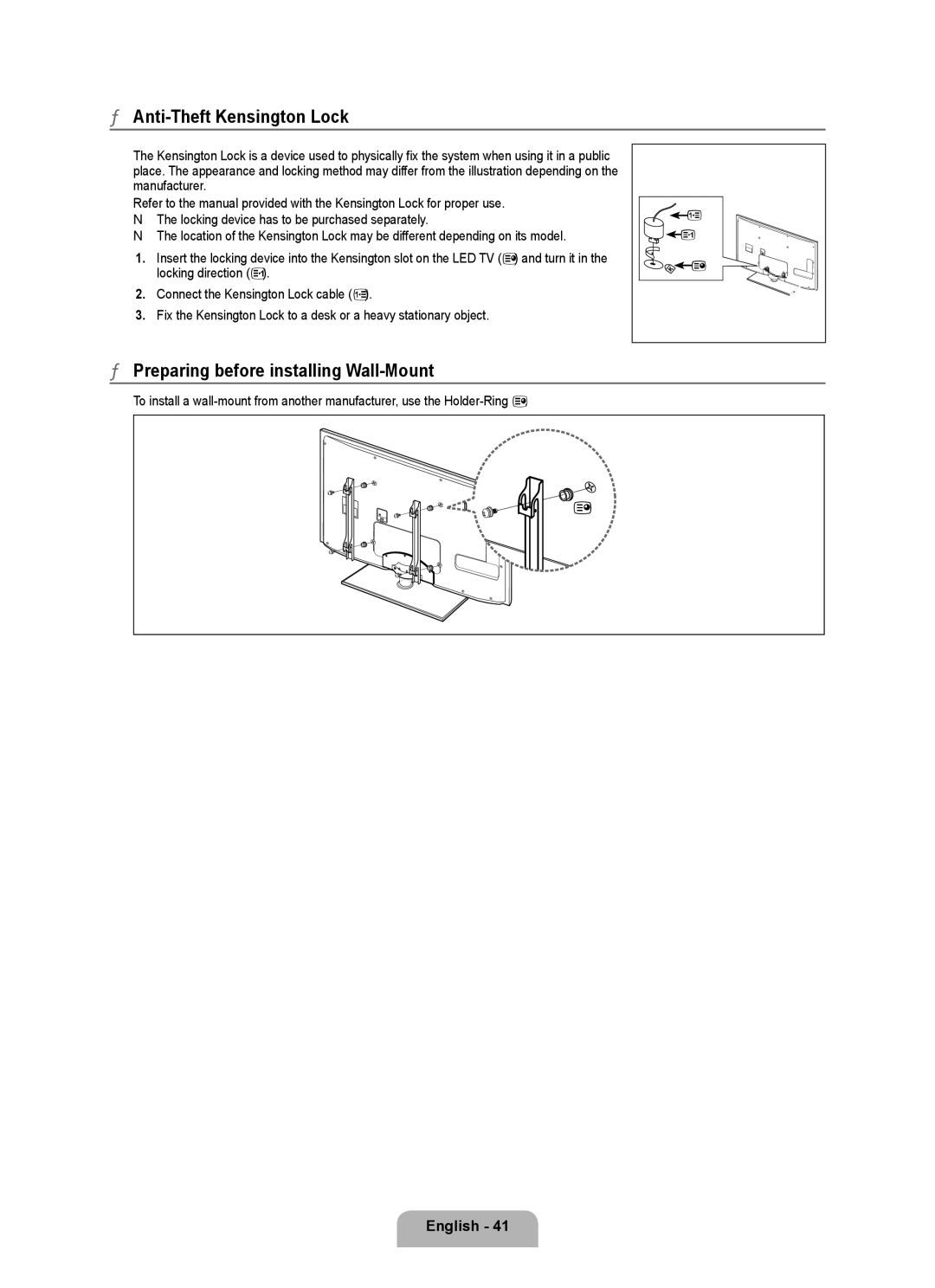 Samsung UA40B6000VRXXP manual Anti-Theft Kensington Lock, Preparing before installing Wall-Mount 