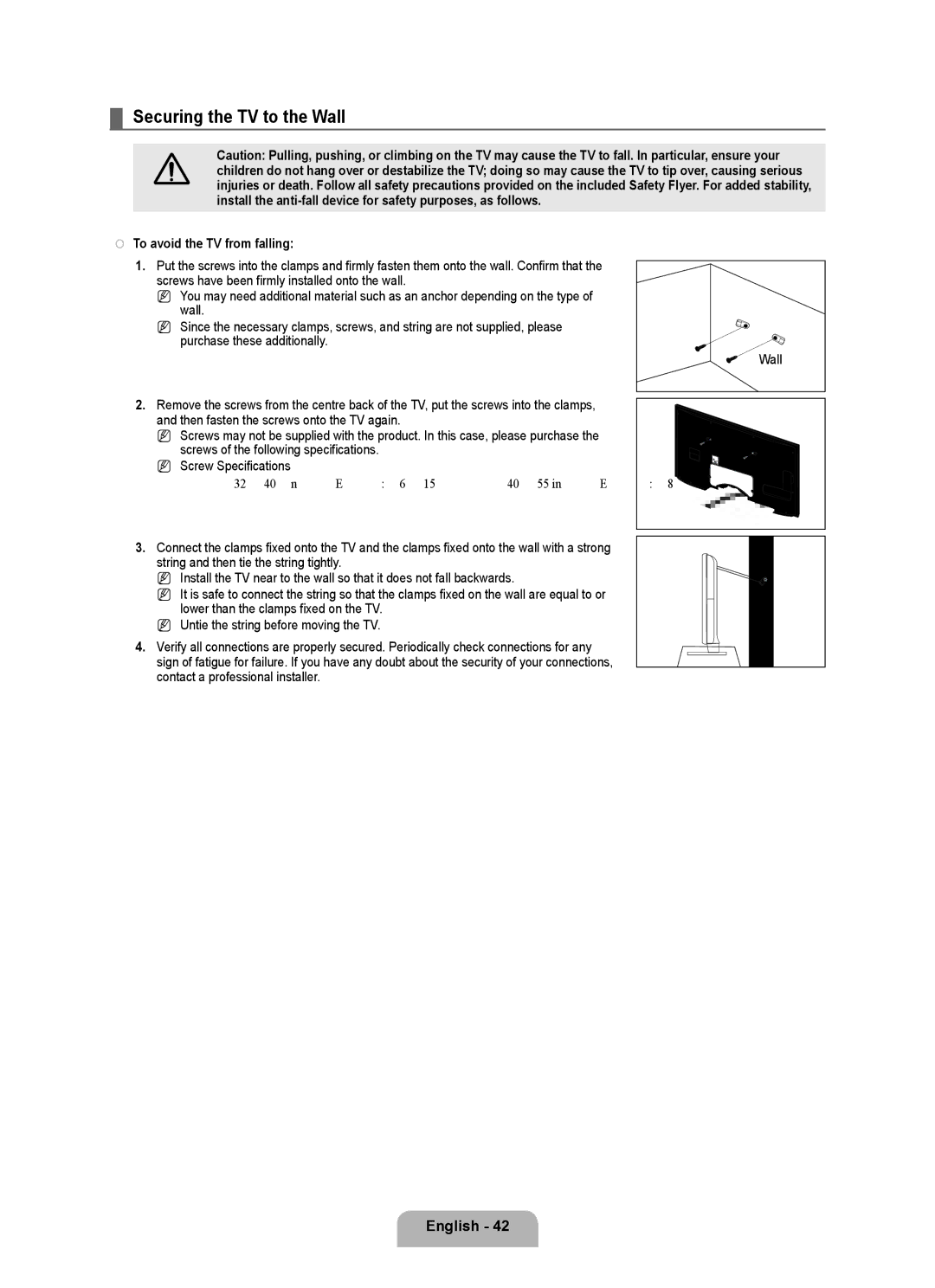 Samsung UA40B6000VRXXP manual Securing the TV to the Wall, To avoid the TV from falling 