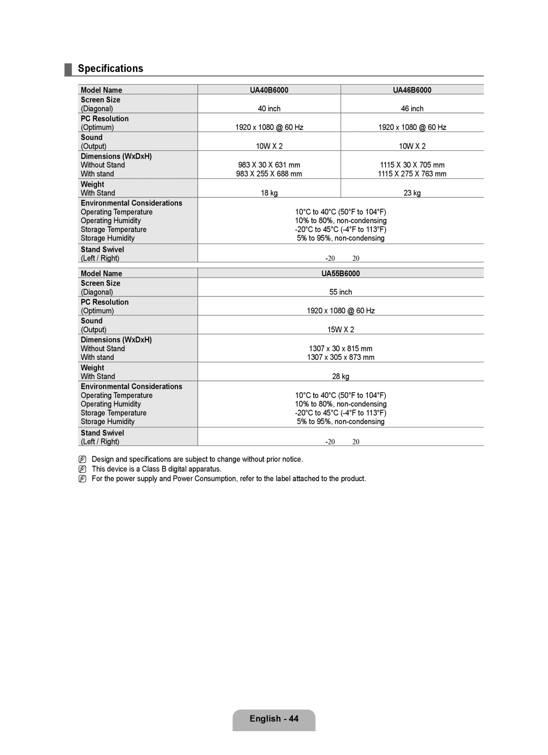 Samsung UA40B6000VRXXP manual Specifications 