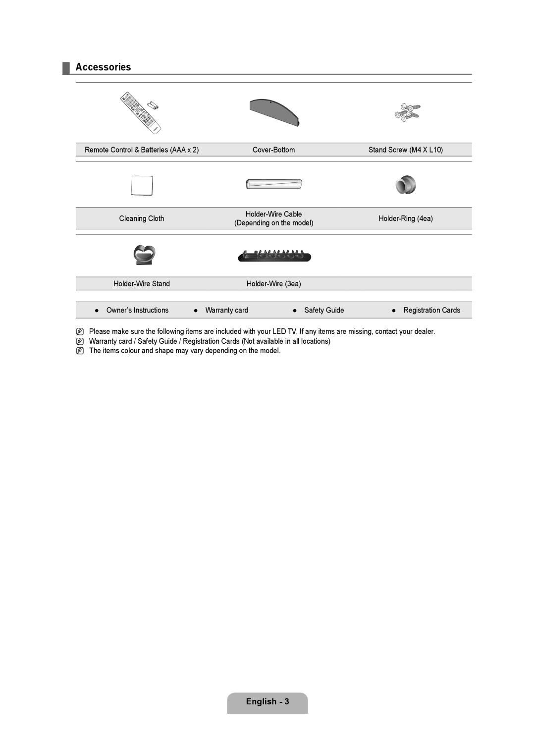 Samsung UA40B6000VRXXP manual Accessories, Holder-Ring 4ea 