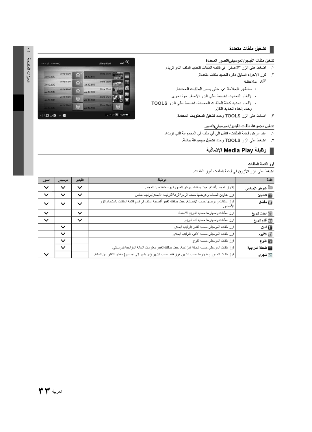 Samsung UA55C6200URXSJ, UA40C6200URXHC ةددعتم تافلم ليغشت, ةيفاضلإا Media Play ةفيظو, ةمدقتملا تازيملا, تافلملا ةمئاق زرف 