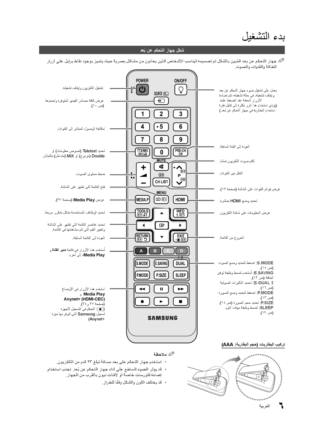 Samsung UA55C6200URXSJ, UA40C6200URXHC, UA46C6200URXSV دعبُ نع مكحتلا زاهج لكش, Aaa ةيراطبلا مجح تايراطبلا بيكرت ةظحلام%% 