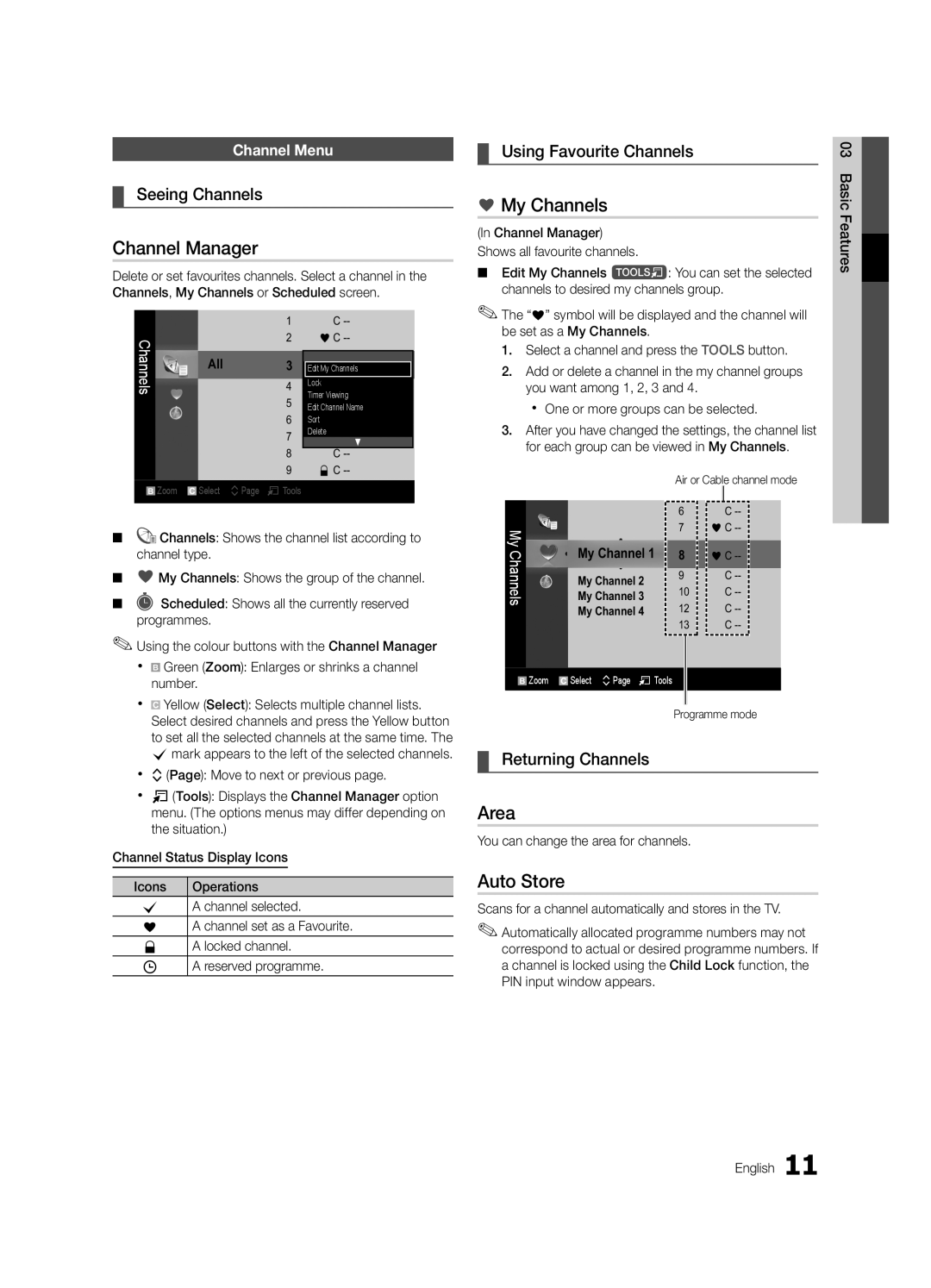 Samsung UA55C6200URSHD, UA40C6200URXHC, UA46C6200URXSV, UA55C6200URXMN manual Channel Manager, My Channels, Area, Auto Store 
