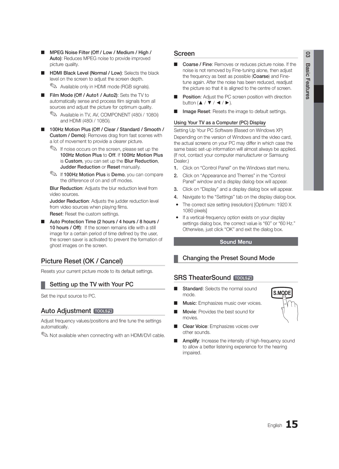 Samsung UA46C6200URSHD, UA40C6200URXHC manual Screen, Picture Reset OK / Cancel, Auto Adjustment t, SRS TheaterSound t 