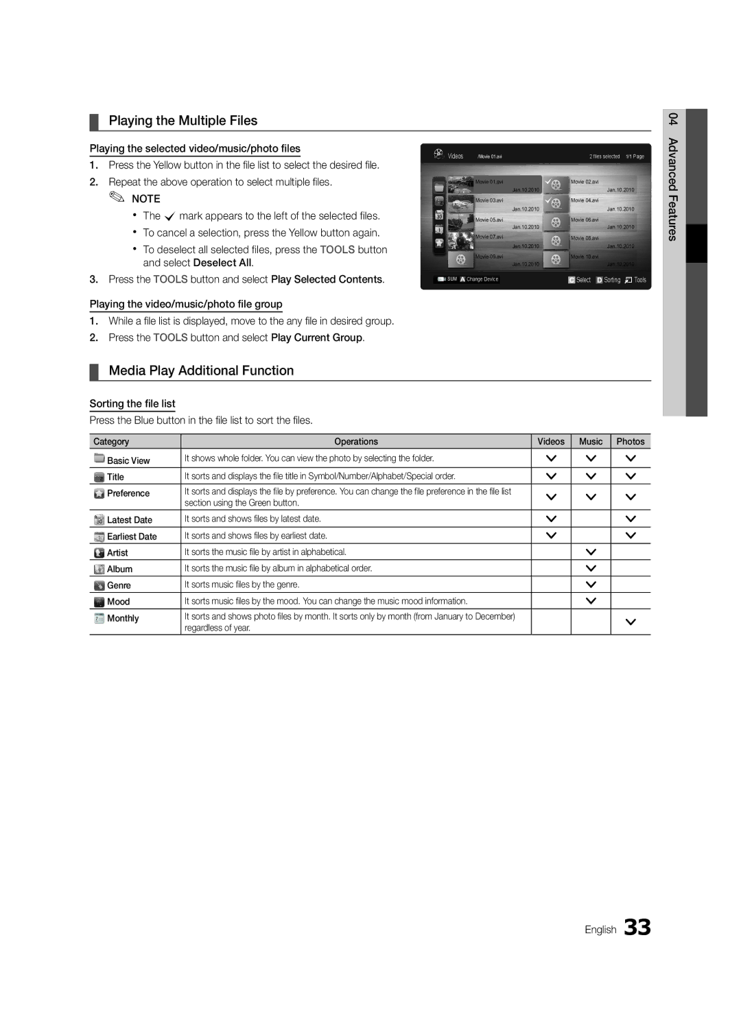 Samsung UA55C6200URXSW manual Playing the Multiple Files, Media Play Additional Function, Section using the Green button 