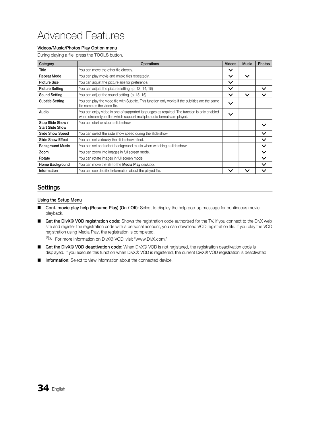 Samsung UA46C6200URXSQ, UA40C6200URXHC, UA46C6200URXSV, UA55C6200URXMN manual Settings, File name as the video file Audio 