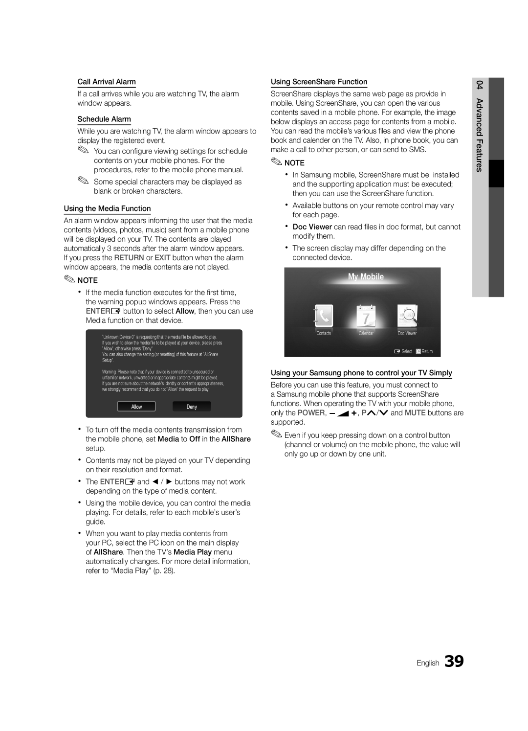 Samsung UA46C6200URXSW, UA40C6200URXHC, UA46C6200URXSV, UA55C6200URXMN, UA55C6200URXSW, UA46C6200URXSQ manual My Mobile 