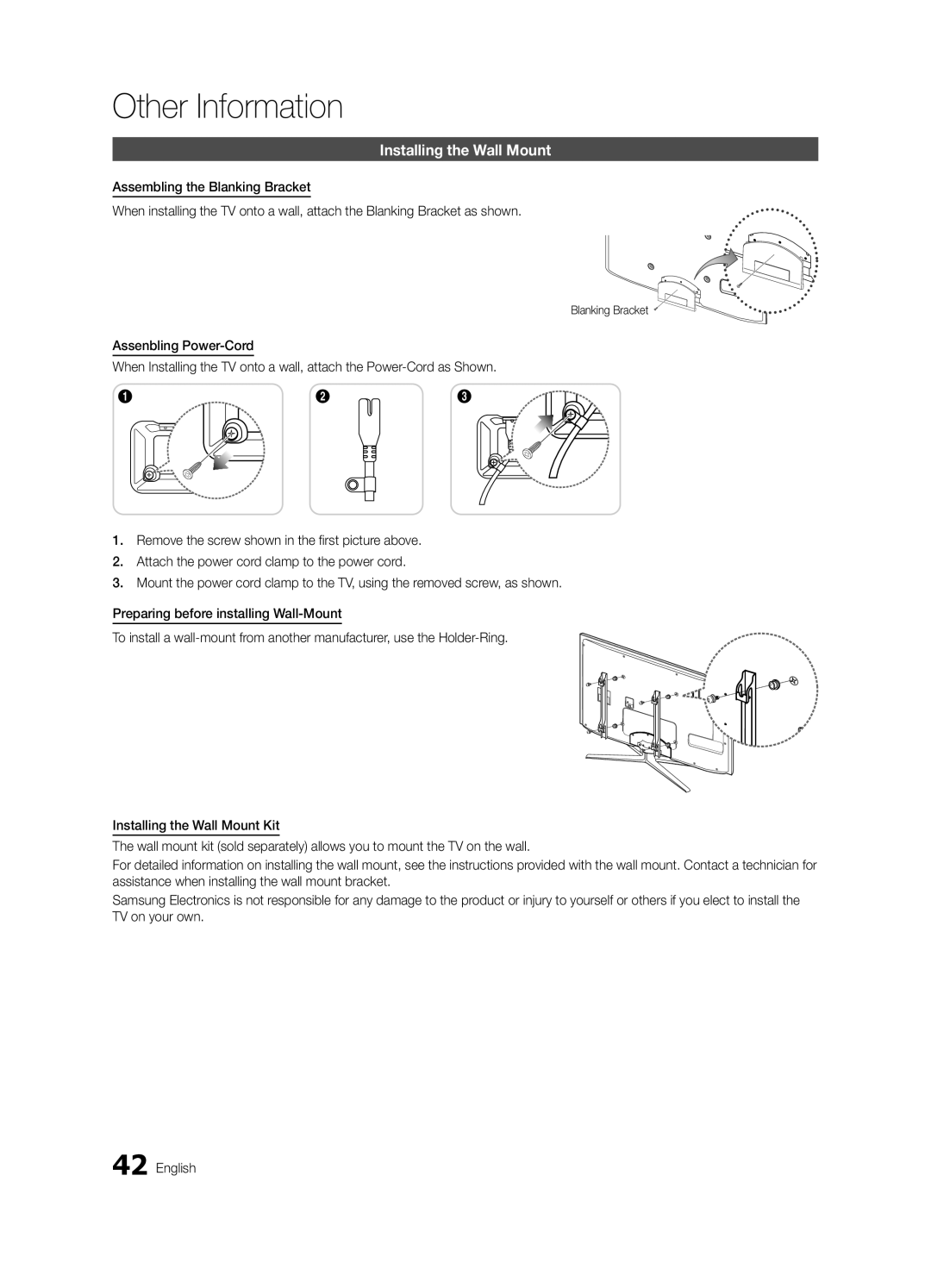 Samsung UA55C6200URXHC, UA40C6200URXHC, UA46C6200URXSV, UA55C6200URXMN manual Installing the Wall Mount, Blanking Bracket 