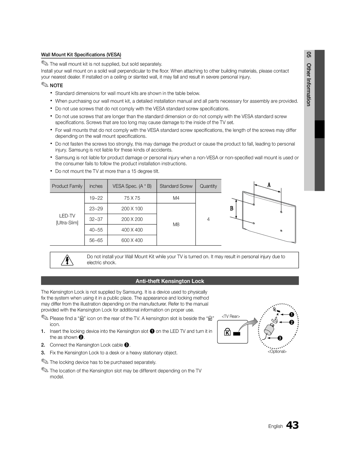 Samsung UA55C6200URXSQ, UA40C6200URXHC, UA46C6200URXSV, UA55C6200URXMN, UA55C6200URXSW manual Anti-theft Kensington Lock 