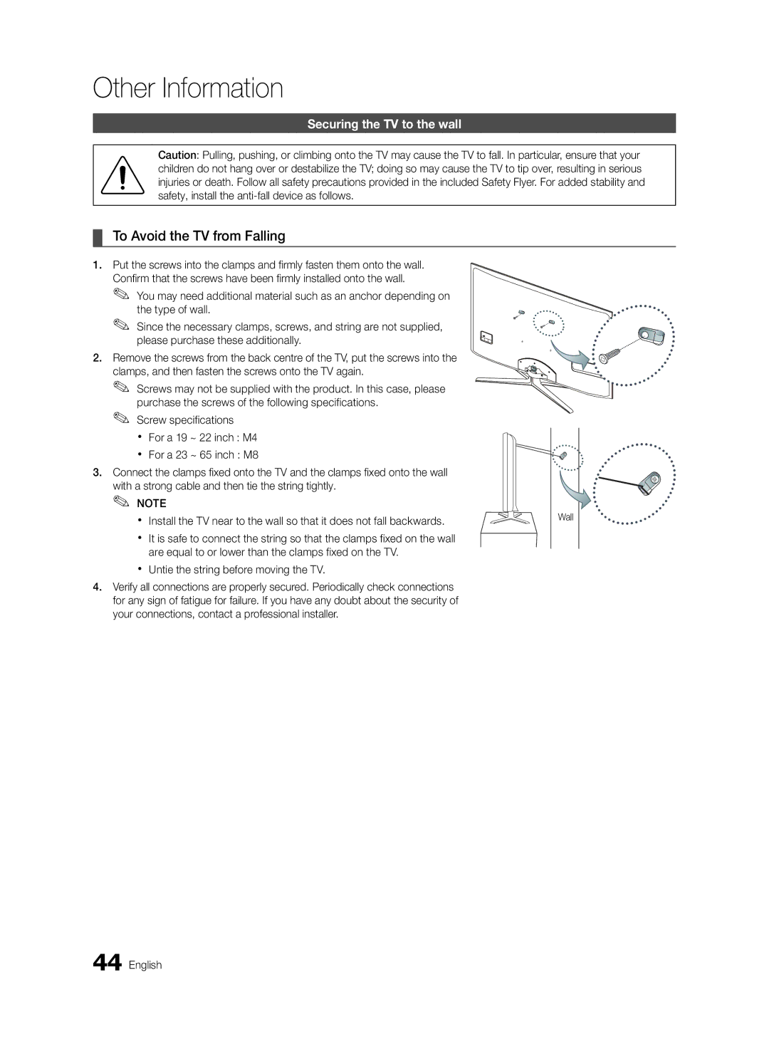 Samsung UA55C6200URXZN To Avoid the TV from Falling, Securing the TV to the wall, Xx Untie the string before moving the TV 