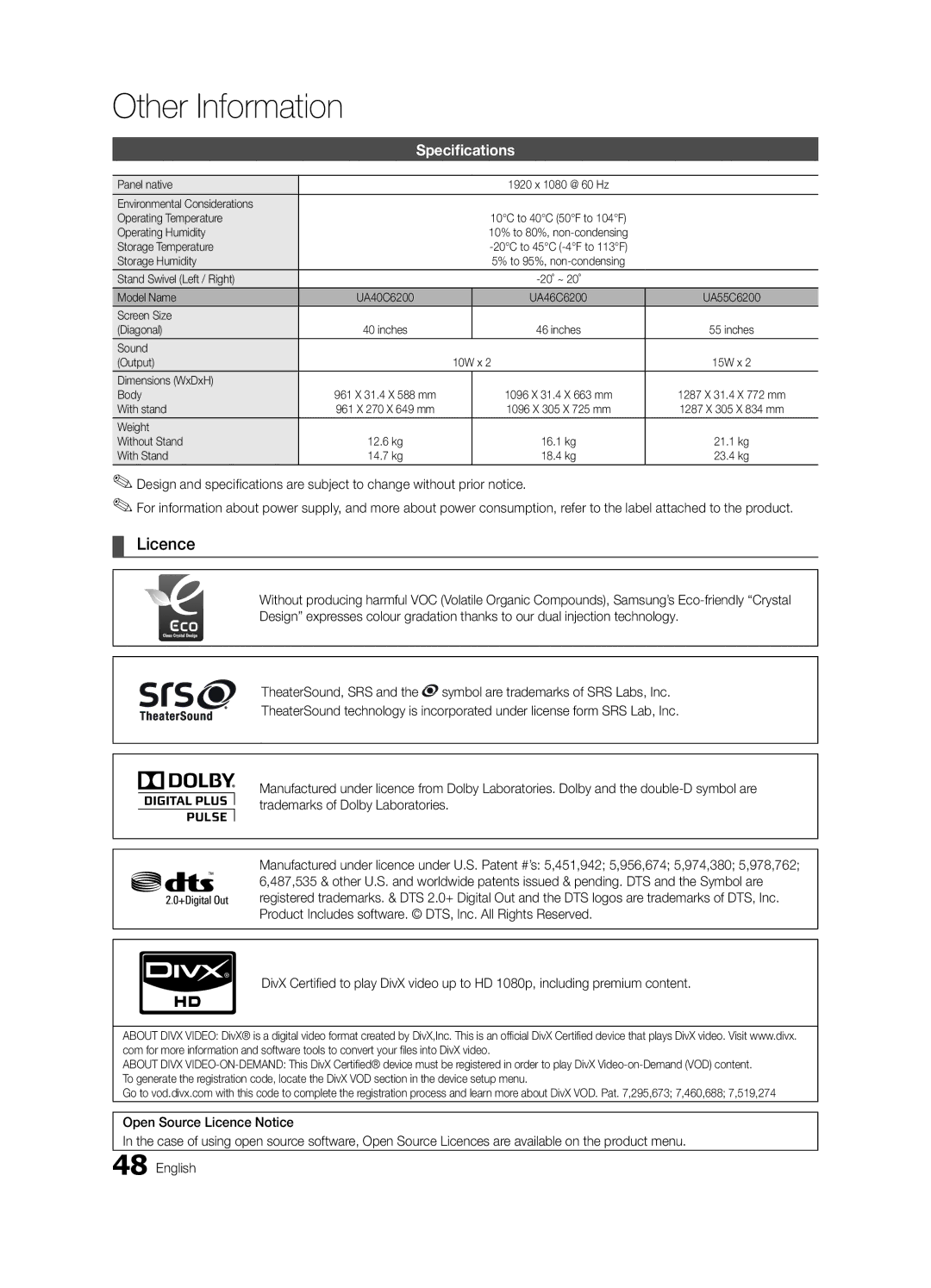 Samsung UA40C6200URXSQ, UA40C6200URXHC, UA46C6200URXSV, UA55C6200URXMN, UA55C6200URXSW, UA46C6200URXSQ Licence, Specifications 