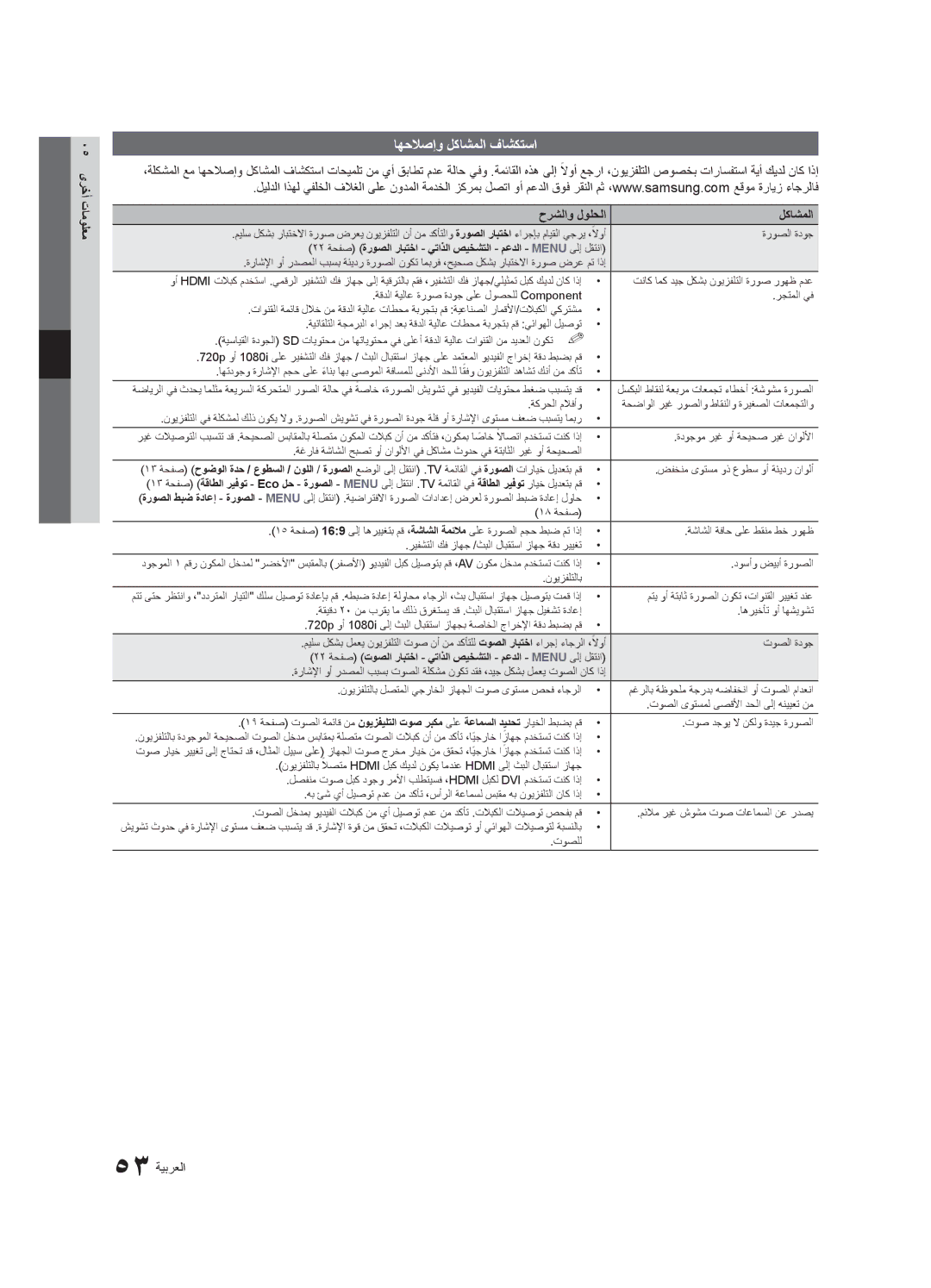 Samsung UA46C7000WRXSQ, UA40C7000WRXSJ manual اهحلاصإو لكاشملا فاشكتسا, 05 ىرخأ تامولعم, حرشلاو لولحلا لكاشملا, 53 ةيبرعلا 