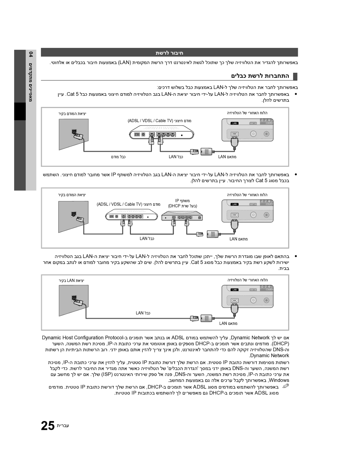 Samsung UA46C7000WRXSQ, UA40C7000WRXSQ, UA55C7000WRXSQ manual םילבכ תשרל תורבחתה, תשרל רוביח, םינייפאמ 