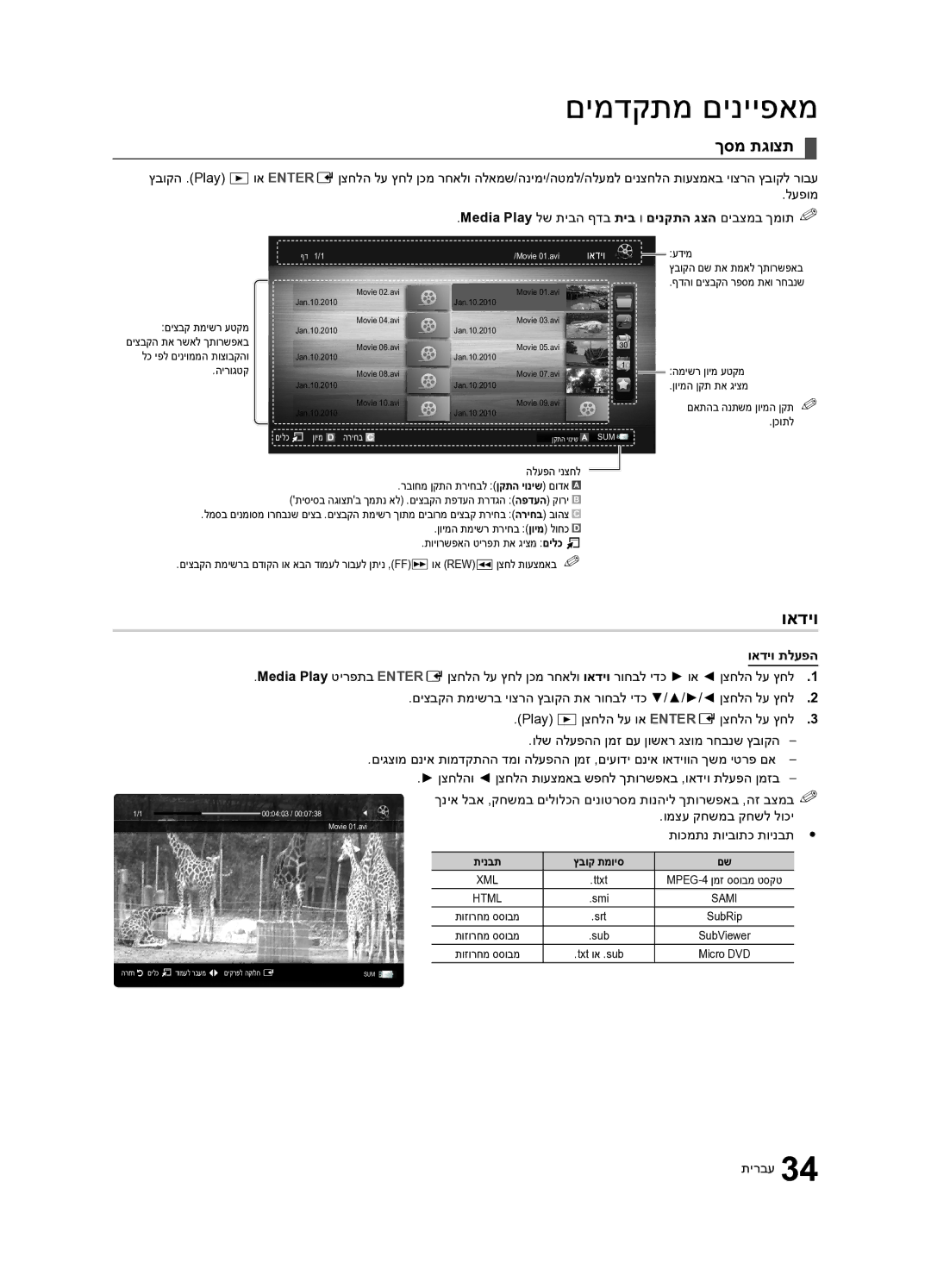 Samsung UA46C7000WRXSQ, UA40C7000WRXSQ, UA55C7000WRXSQ manual ךסמ תגוצת, ואדיו תלעפה, תוכמתנ תויבותכ תוינבתy y 