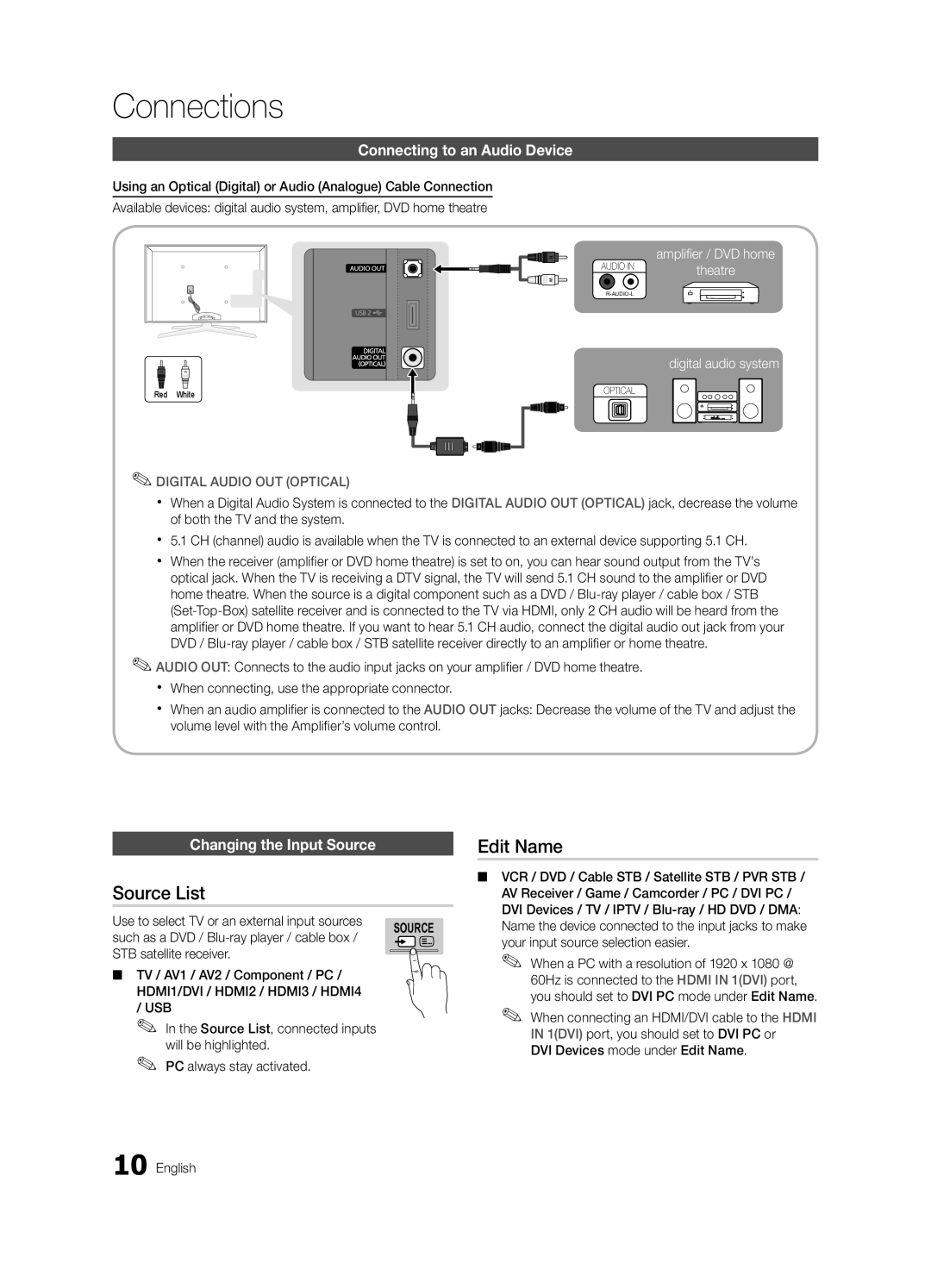 Samsung UA46C7000WRXTW, UA40C7000WRXXP Edit Name, Source List, Connecting to an Audio Device, Changing the Input Source 