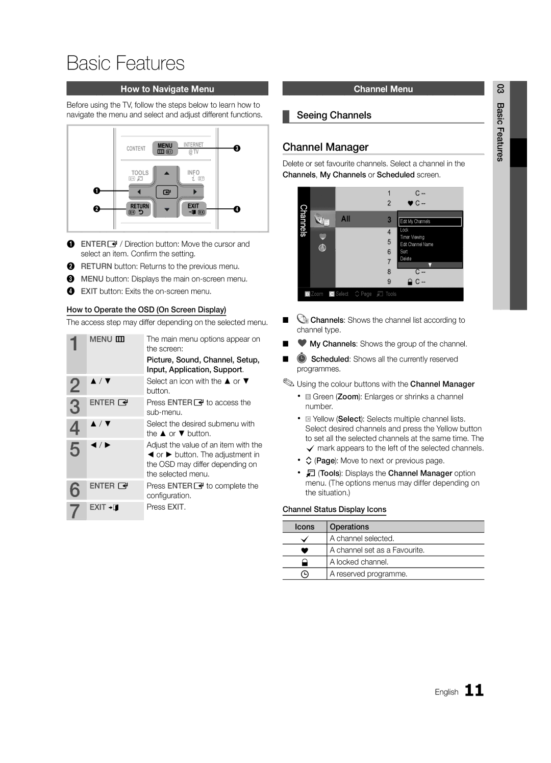 Samsung UA40C7000WRXUM, UA40C7000WRXXP, UA40C7000WRXSJ Channel Manager, Seeing Channels, How to Navigate Menu, Channel Menu 