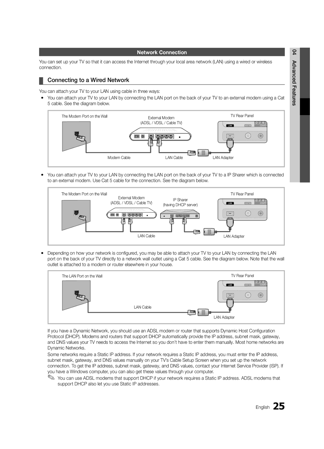 Samsung UA55C7000WRXUM, UA40C7000WRXXP, UA40C7000WRXSJ, UA40C7000WRSHD Connecting to a Wired Network, Network Connection 