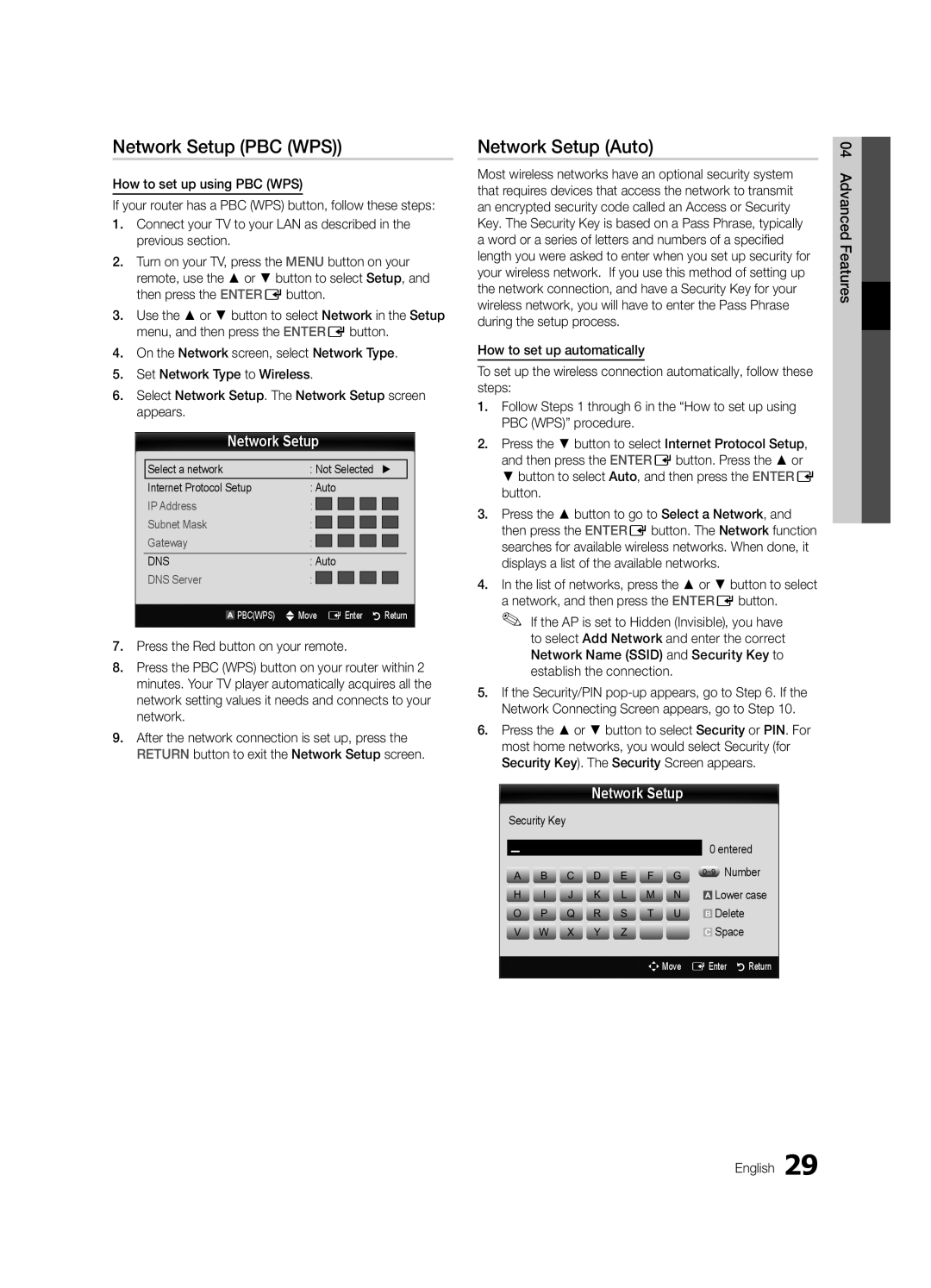 Samsung UA46C7000WRXUM manual Network Setup PBC WPS, Advanced Features English, Security Key Entered ~9 Number, Delete 