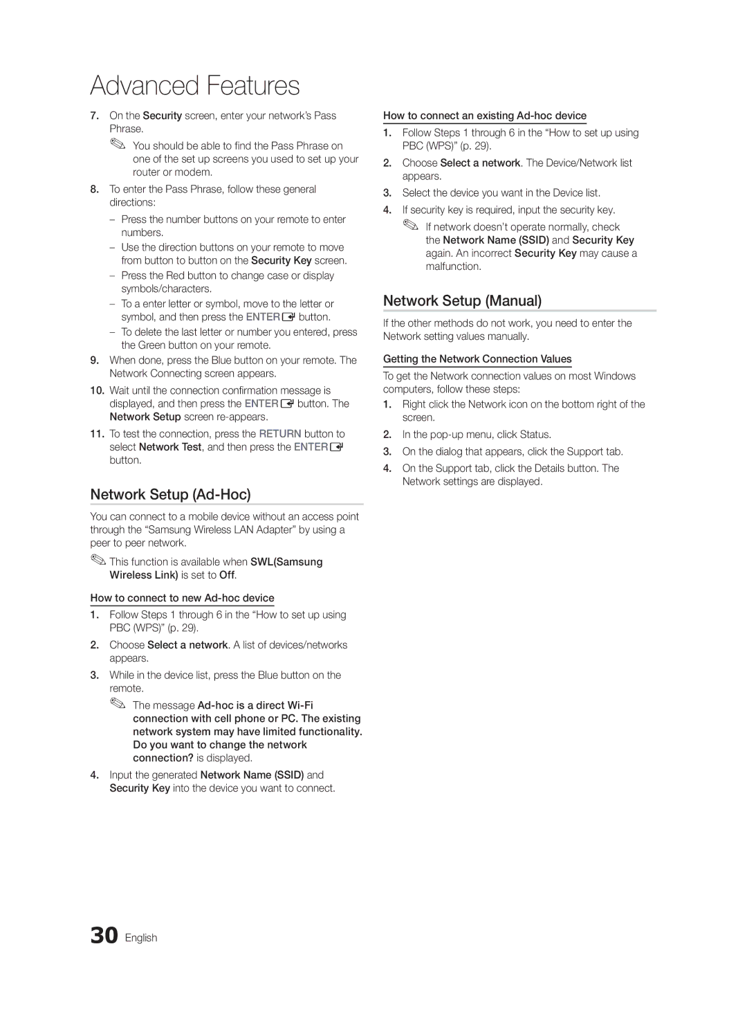 Samsung UA46C7000WRXZN, UA40C7000WRXXP, UA40C7000WRXSJ, UA40C7000WRSHD manual Network Setup Ad-Hoc, Network Setup Manual 