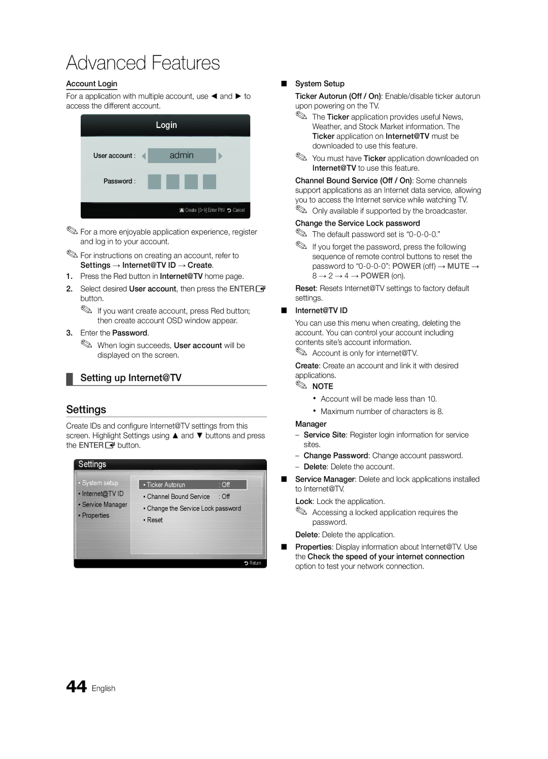 Samsung UA46C7000WRXHC, UA40C7000WRXXP, UA40C7000WRXSJ, UA40C7000WRSHD manual Setting up Internet@TV, Login, Manager, Sites 