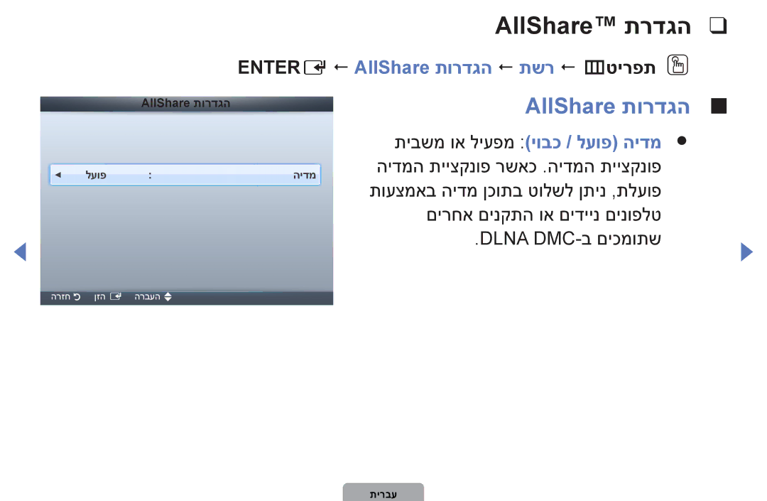 Samsung UA32D5000PMXSQ manual AllShare‎תרדגה, ENTERE AllShare תורדגה  תשר  mטירפתO O, תיבשמ וא ליעפמ יובכ / לעופ הידמ 