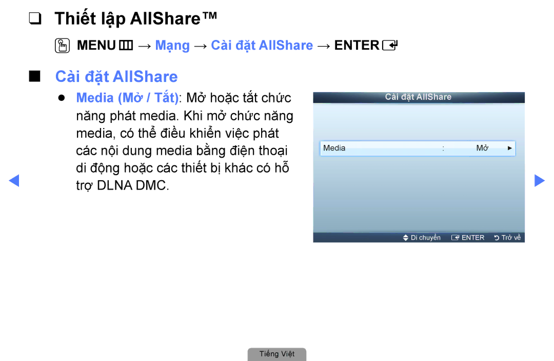Samsung UA32D4000NRXXT, UA40D5000PRXXV, UA40D5030PRXXV, UA32D4000NXXV, UA22D5000NRXXV manual Thiết lập AllShare, Trợ Dlna DMC 