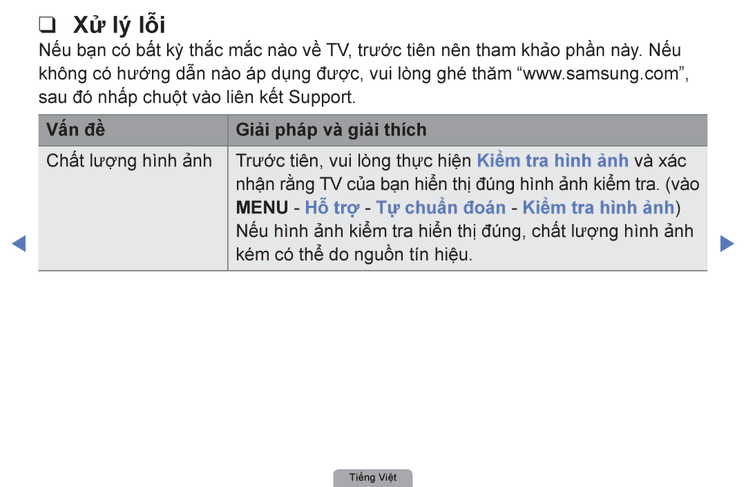 Samsung UA40D5000PRXXV manual Xử lý lỗi, Vấn đề Giải phá́p và giải thích, Menu Hỗ trợ Tự chuẩn đoá́n Kiểm tra hình ảnh 