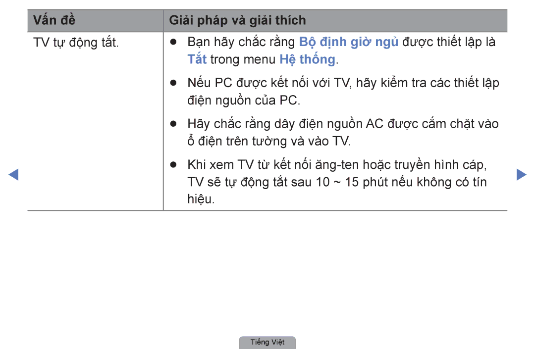 Samsung UA37D5000PRXXV, UA40D5000PRXXV, UA40D5030PRXXV, UA32D4000NRXXT manual Tắt trong menu Hệ thố́ng, Điện nguồn của PC 