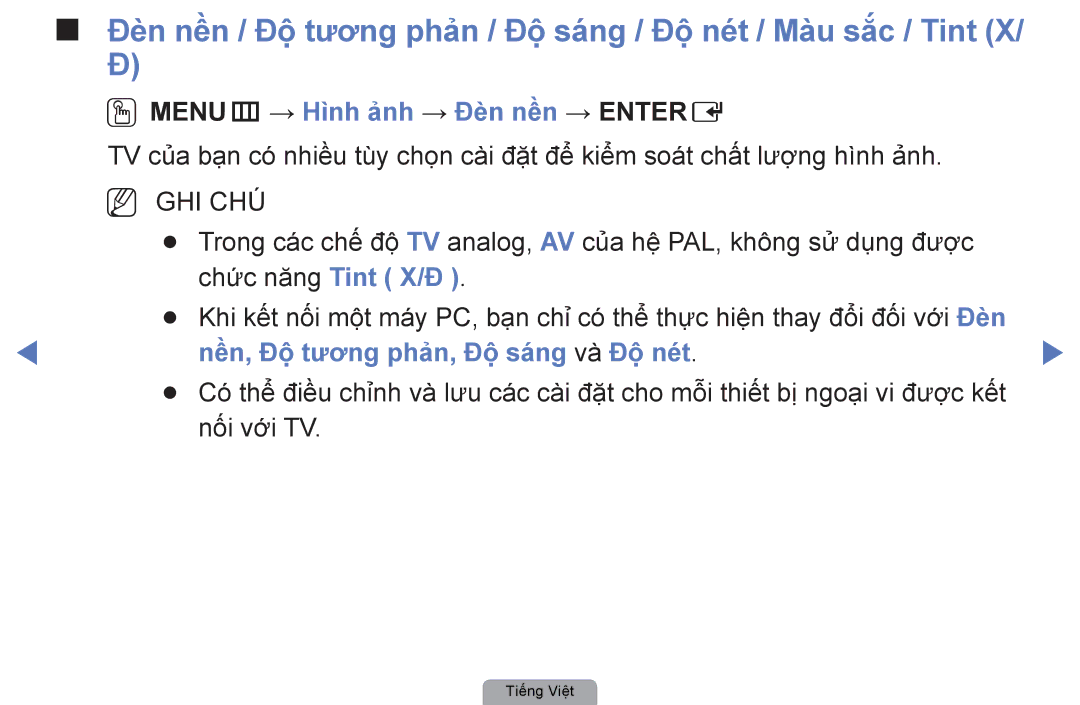 Samsung UA37D5000PRXXV, UA40D5000PRXXV manual OOMENUm → Hình ảnh → Đèn nền → Entere, Nền, Độ tương phản, Độ sá́ng và Độ nét 