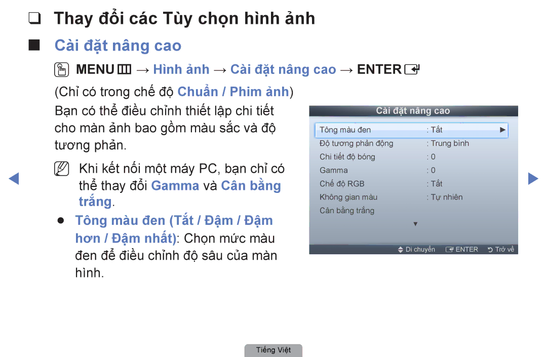 Samsung UA27D5000NRXXV manual Thay đổi cá́c Tùy chọn hình ảnh, OOMENUm → Hình ảnh → Cài đặt nâng cao → Entere, Trắng 