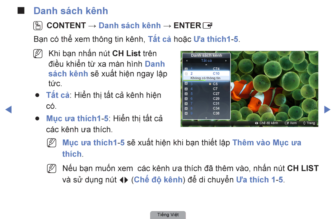 Samsung UA32D5000PRXXT, UA40D5000PRXXV, UA40D5030PRXXV, UA32D4000NRXXT manual Oocontent → Danh sách kênh → Entere 