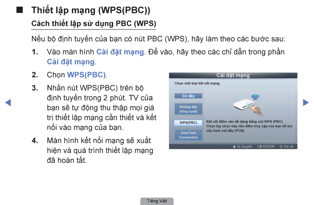 Samsung UA32D4010NXXV, UA40D5000PRXXV, UA40D5030PRXXV manual Cá́ch thiết lập sử dụng PBC WPS, Cài đặt mạng Chọn Wpspbc 