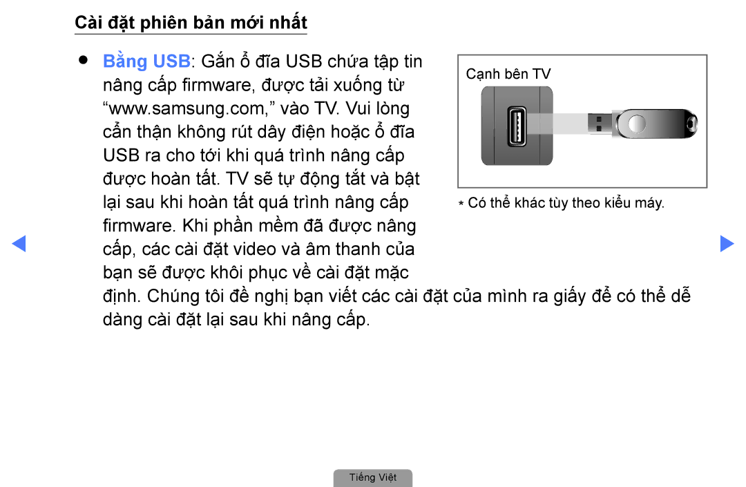 Samsung UA40D5030PRXXV, UA40D5000PRXXV, UA32D4000NRXXT Cài đặt phiên bản mớ́i nhất, Bằng USB Gắn ổ đĩa USB chứa tập tin 