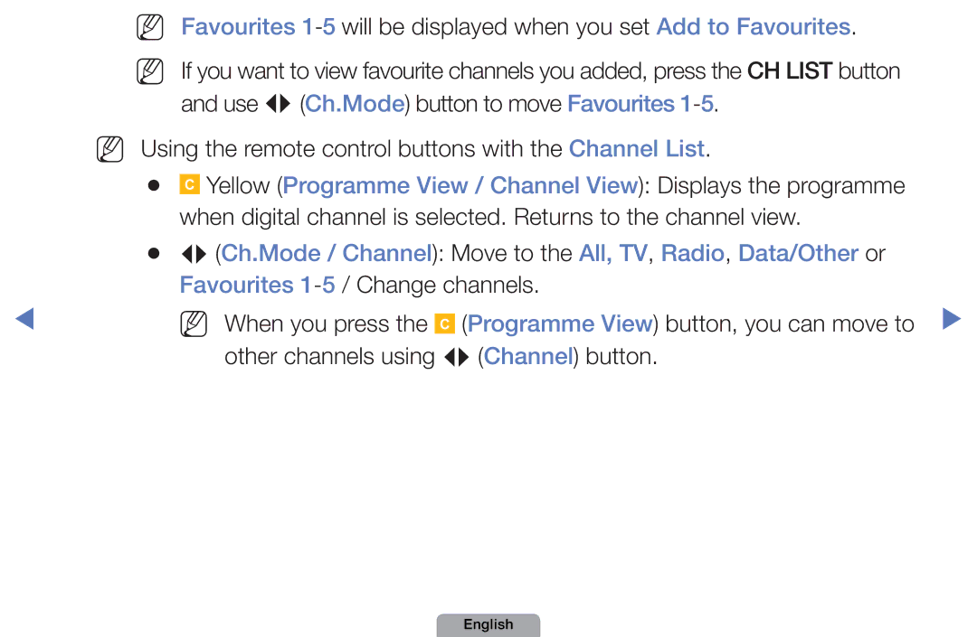 Samsung UA40D5003BMXSQ manual Ch.Mode / Channel Move to the All, TV, Radio, Data/Other or, Favourites 1-5 / Change channels 