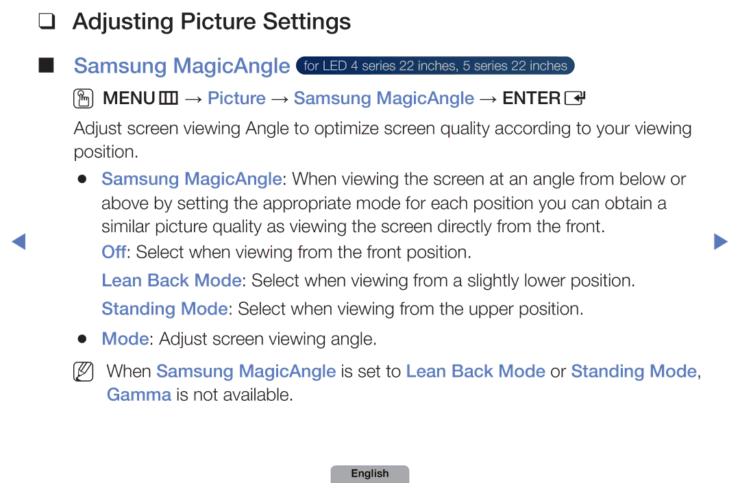 Samsung UA40D5003BMXSQ, UA32D4003BMXSQ manual Adjusting Picture Settings, OOMENUm → Picture → Samsung MagicAngle → Entere 