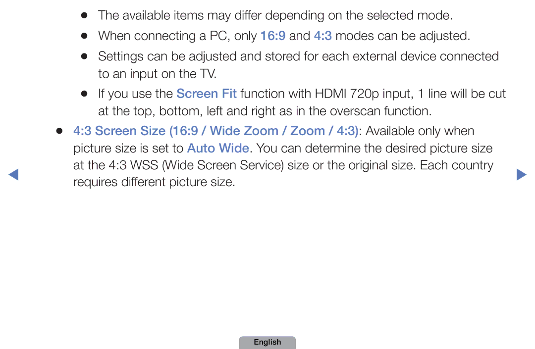 Samsung UA32D4003BMXSQ manual Screen Size 169 / Wide Zoom / Zoom / 43 Available only when, Requires different picture size 