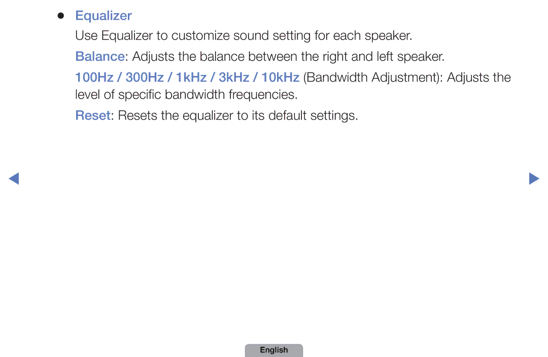 Samsung UA32D4003BMXSQ, UA40D5003BMXSQ manual Equalizer, Reset Resets the equalizer to its default settings 