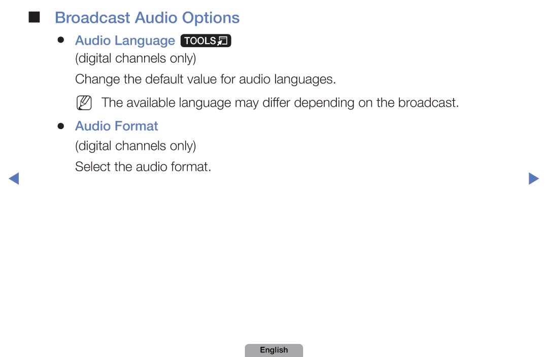 Samsung UA40D5003BMXSQ, UA32D4003BMXSQ manual Broadcast Audio Options, Audio Language t digital channels only, Audio Format 