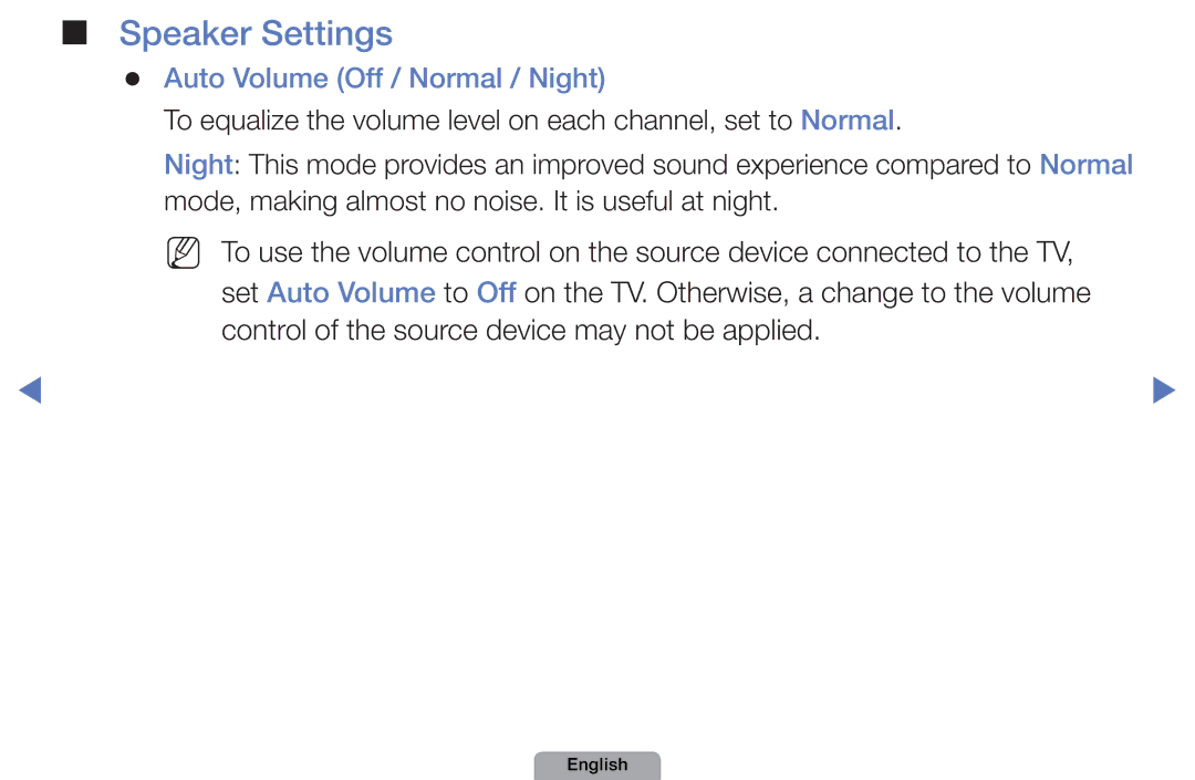 Samsung UA40D5003BMXSQ, UA32D4003BMXSQ manual Speaker Settings, Auto Volume Off / Normal / Night 