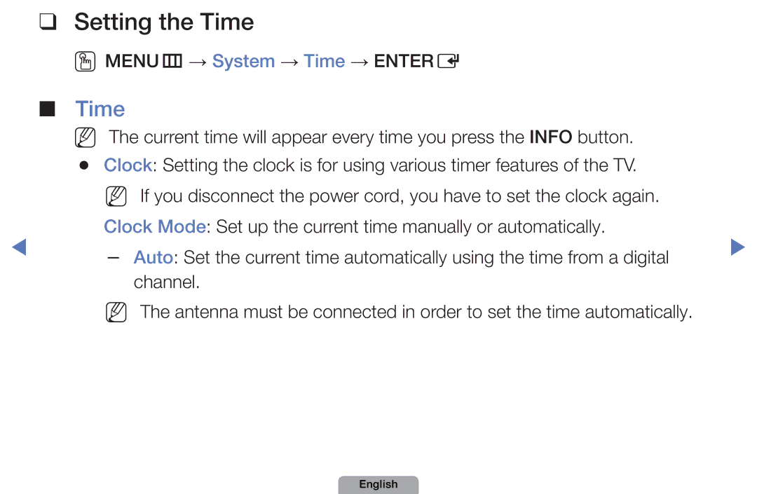 Samsung UA32D4003BMXSQ, UA40D5003BMXSQ manual Setting the Time, OOMENUm → System → Time → Entere 