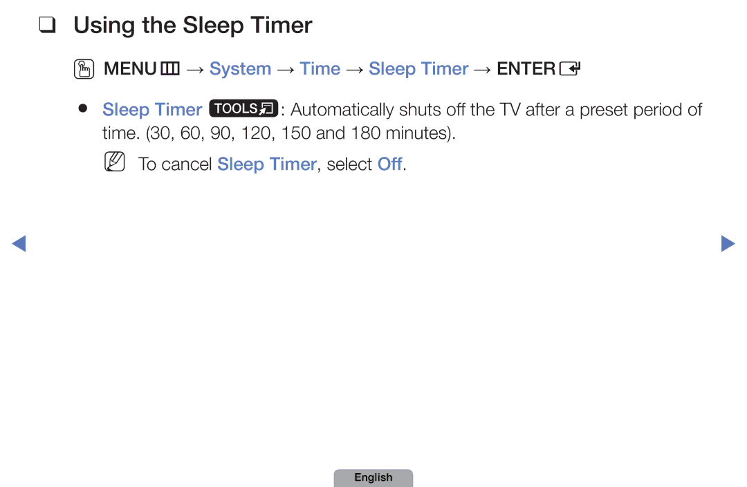 Samsung UA32D4003BMXSQ, UA40D5003BMXSQ manual Using the Sleep Timer, OOMENUm → System → Time → Sleep Timer → Entere 