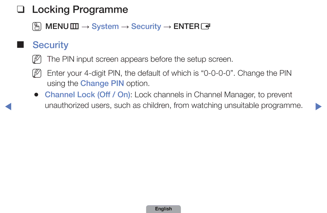 Samsung UA40D5003BMXSQ, UA32D4003BMXSQ manual Locking Programme, OOMENUm → System → Security → Entere 