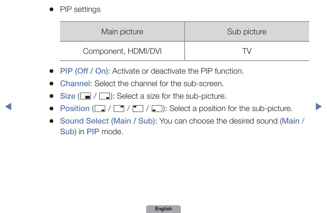 Samsung UA32D4003BMXSQ, UA40D5003BMXSQ PIP settings, PIP Off / On Activate or deactivate the PIP function, Sub in PIP mode 