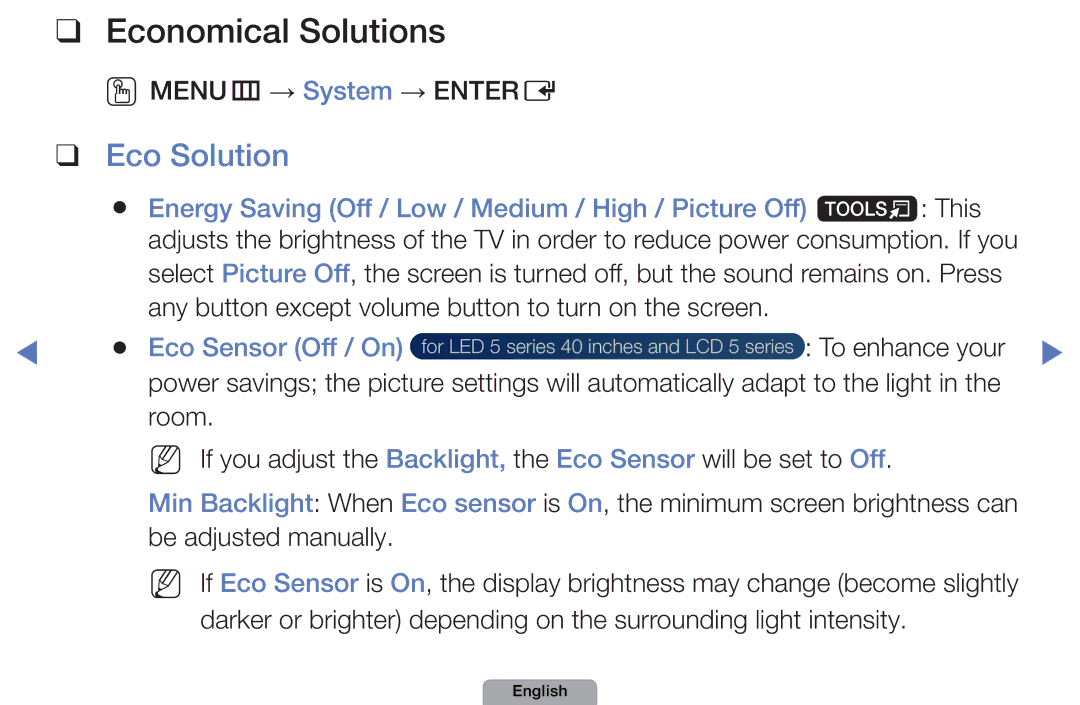 Samsung UA40D5003BMXSQ, UA32D4003BMXSQ manual Economical Solutions, Eco Solution, OOMENUm → System → Entere 