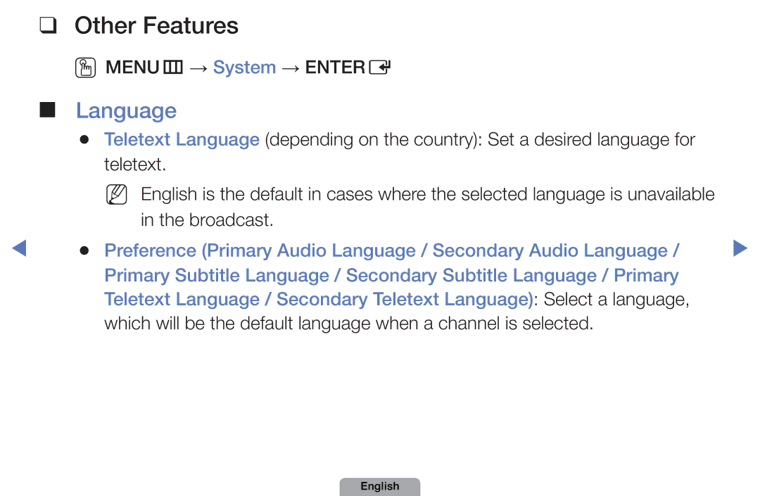 Samsung UA40D5003BMXSQ, UA32D4003BMXSQ manual Other Features, Language, Broadcast 