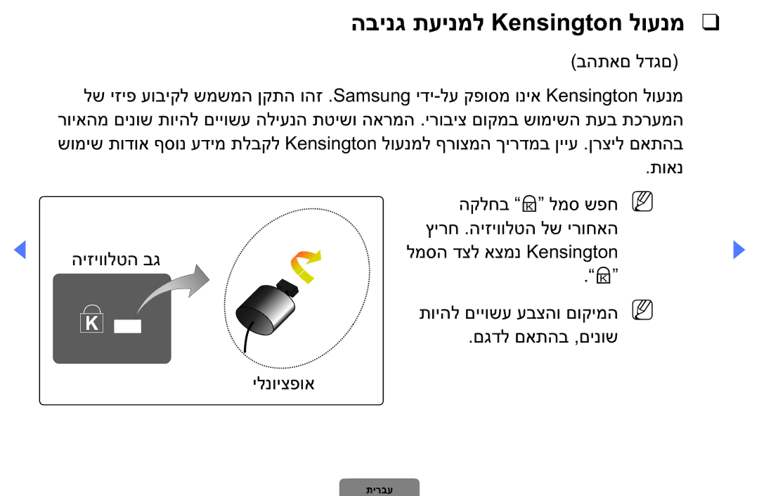 Samsung UA40D5003BMXSQ, UA32D4003BMXSQ manual הבינג תעינמל Kensington לוענמ, בהתאם לדגם 