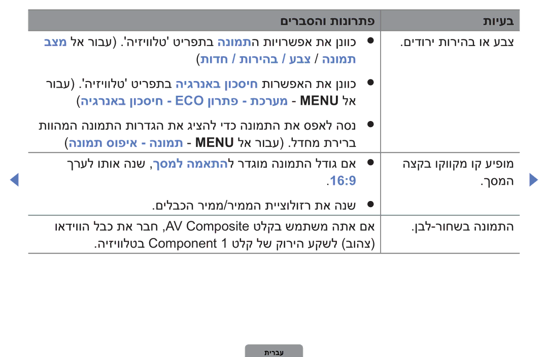 Samsung UA32D4003BMXSQ, UA40D5003BMXSQ manual תודח / תוריהב / עבצ / הנומת, היגרנאב ןוכסיח ECO ןורתפ תכרעמ Menu לא, 169‏ 