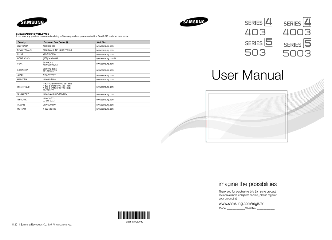 Samsung UA40D5003BRXTW, UA40D5003BRXUM, UA40D5003BRXSJ, UA40D5000PRXSJ, UA40D5000PRSOT manual Imagine the possibilities 